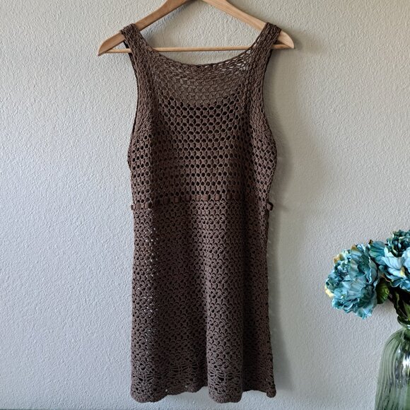 💙Tape Measure Vintage Bohemian Brown Sleeveless Crochet Dress Size Large - Picture 4 of 8